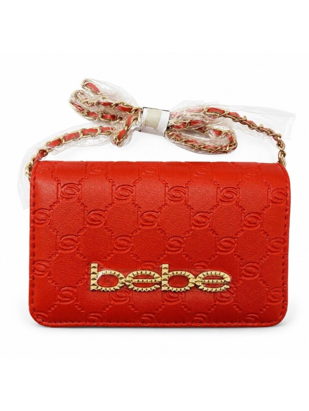 Bebe Celia Monogram Flap Crossbody NWT Sunset Coral Studded Logo Gold Chain Bag